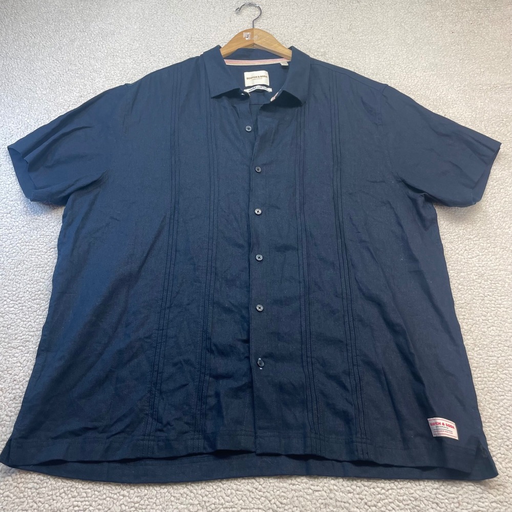Scotch & Soda Shirt Mens XXL Navy Pintuck Guayabera Linen Blend Short Sleeve